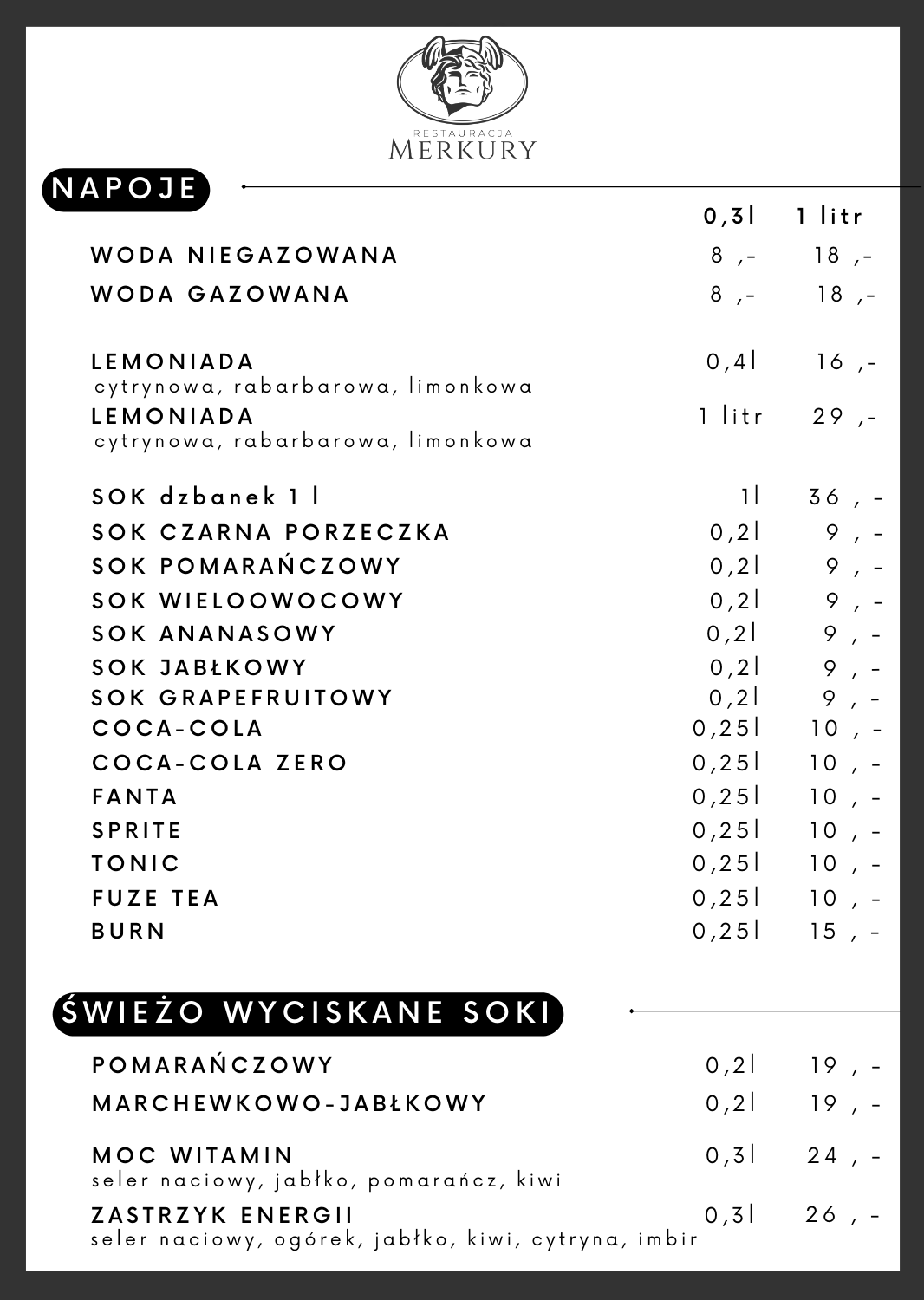 Menu Restauracja Merkury Kudowa Zdrój