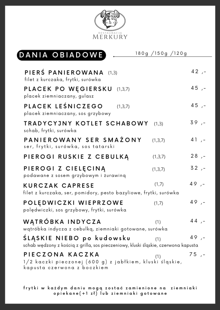 Menu - Restauracja Merkury - Kudowa Zdrój